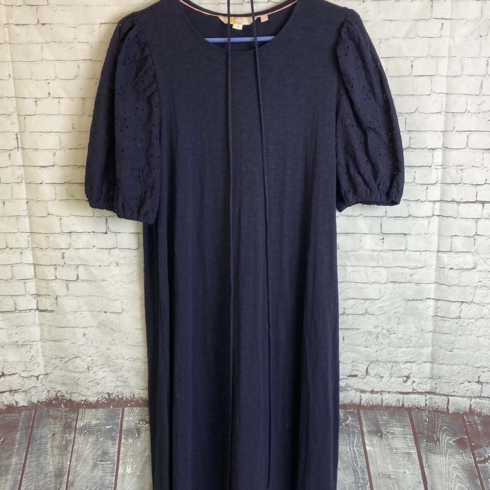 Boden Broderie Mix Jersey Midi Dress 12 Navy Blue Cotton Eyelet Puff Sleeves - Picture 7 of 13
